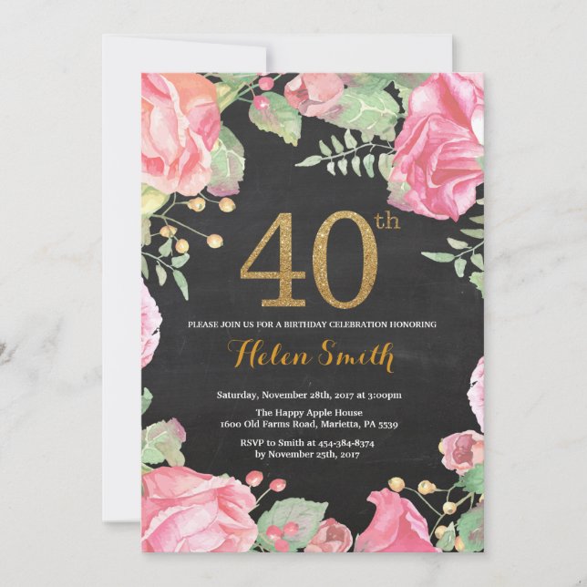 Floral 40th Birthday Invitation Gold Glitter (Front)