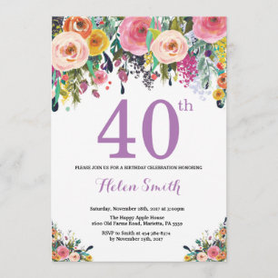 Floral 40th Birthday Invitation Purple