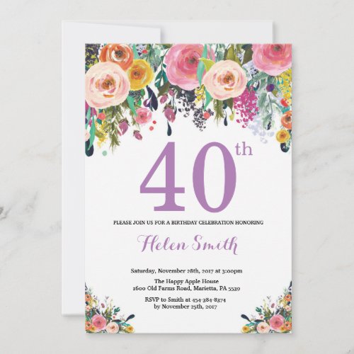 Floral 40th Birthday Invitation Purple