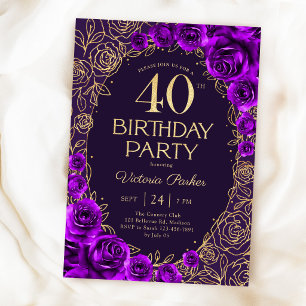 Floral 40th Birthday Purple Gold Invitation