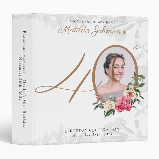 Floral 40th Birthday White Gold Classy Photo Album 3 Ring Binder (Front/Spine)