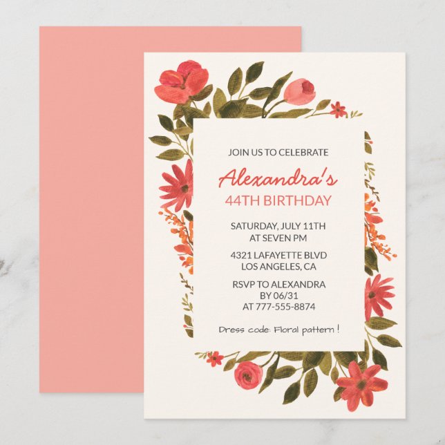 Floral 44th birthday invitations Boho Elegant (Front/Back)