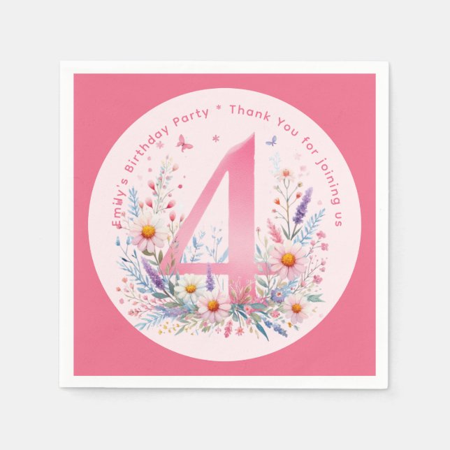 Floral 4th Birthday Custom Four Fairy Princess Napkins (Front)