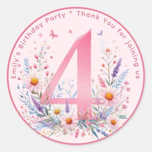 Floral 4th Birthday Thank You Favor Four Custom Classic Round Sticker