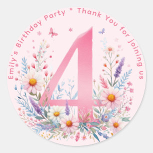 Floral 4th Birthday Thank You Favor Four Custom Classic Round Sticker