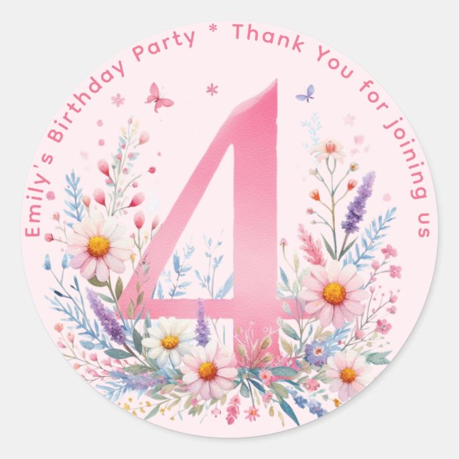 Floral 4th Birthday Thank You Favor Four Custom Classic Round Sticker (Front)
