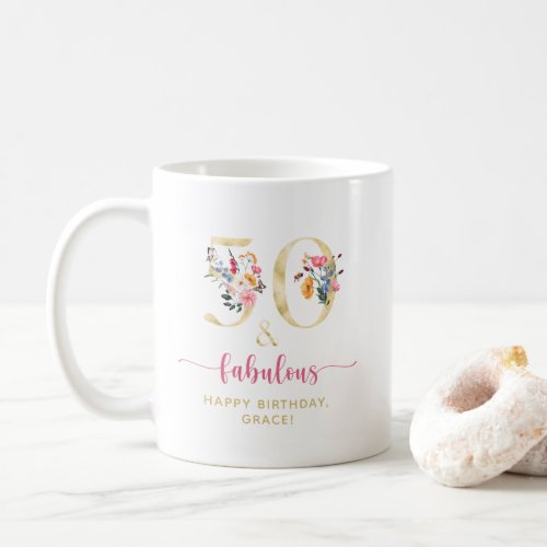 Floral 50 and Fabulous Birthday Gold and Pink Coffee Mug