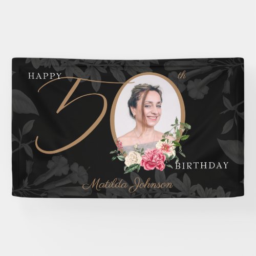 Floral 50th Birthday Black Gold Photo Welcome Bann Banner