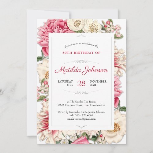 Floral 50th Birthday Botanical Red Pink Custom Invitation