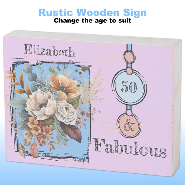 Floral 50th birthday custom name blue rustic wooden box sign (Creator Uploaded)