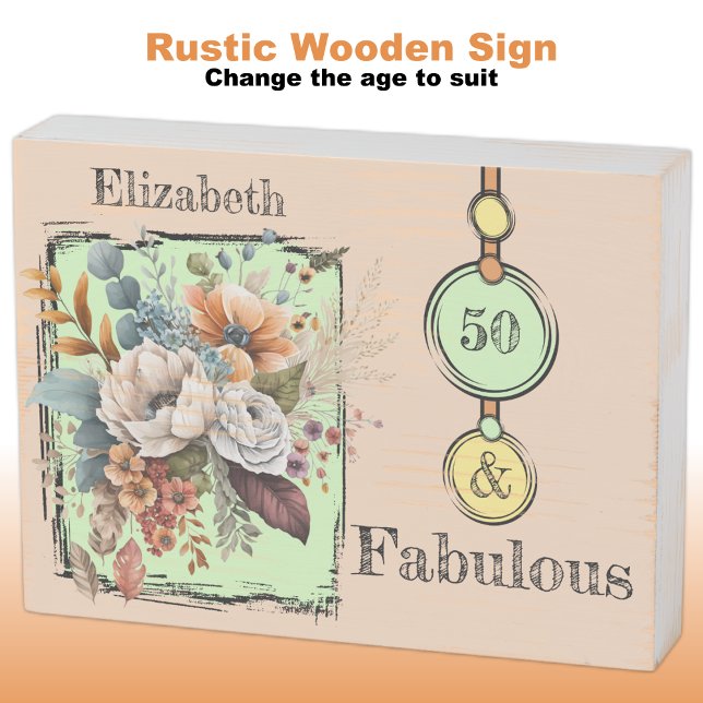 Floral 50th birthday custom name green rustic wooden box sign (Creator Uploaded)