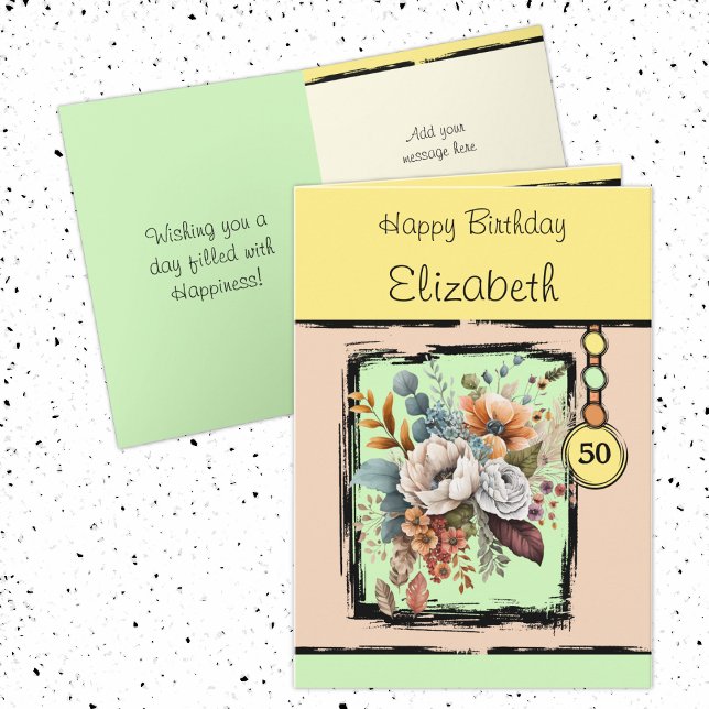 Floral 50th birthday custom name yellow card (Creator Uploaded)