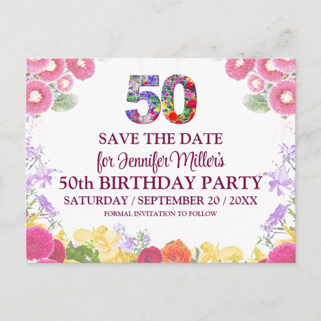 Floral 50th Birthday - Elegant  50 Save The Date Postcard (Front)