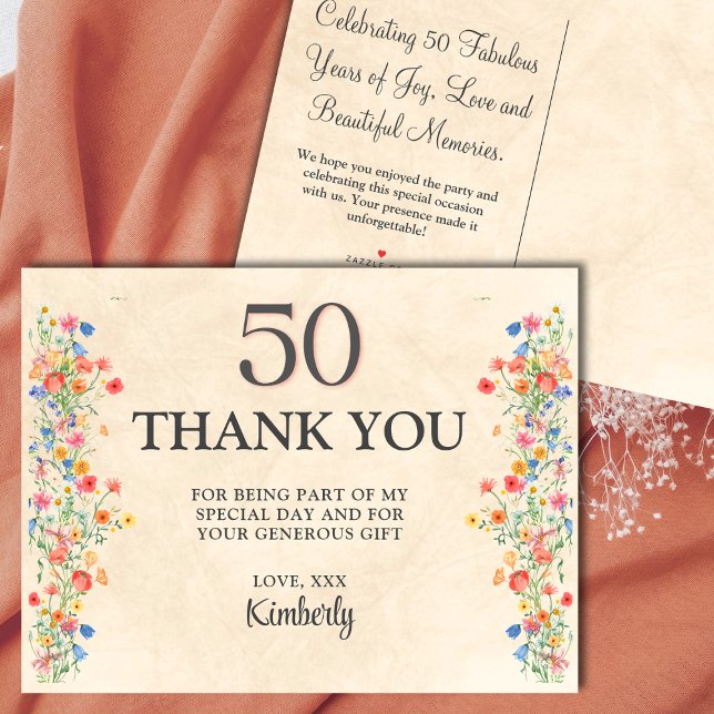 Floral 50th birthday elegant 50 years wildflowers thank you card (Creator Uploaded)