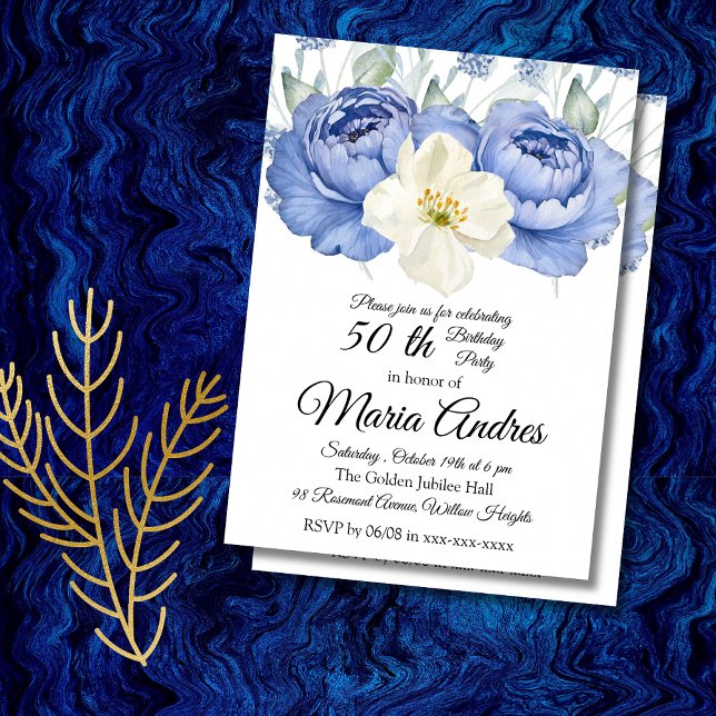 Floral 50th Birthday Elegant Watercolor white blue Invitation (Creator Uploaded)