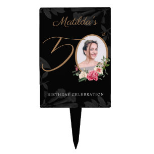 Floral 50th Birthday Gold Black Custom Photo Cake Topper