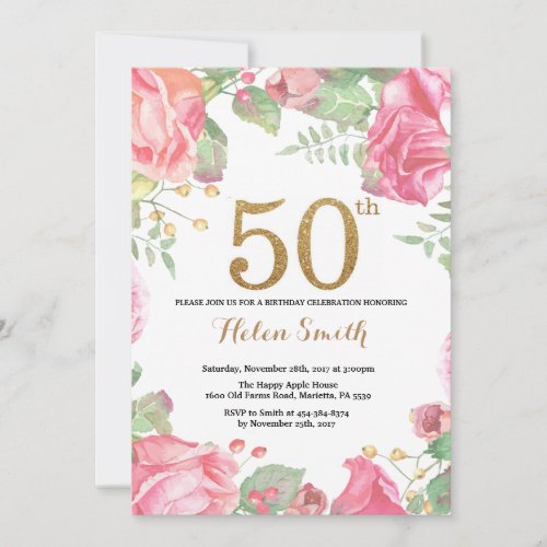 Floral 50th Birthday Invitation Gold Glitter