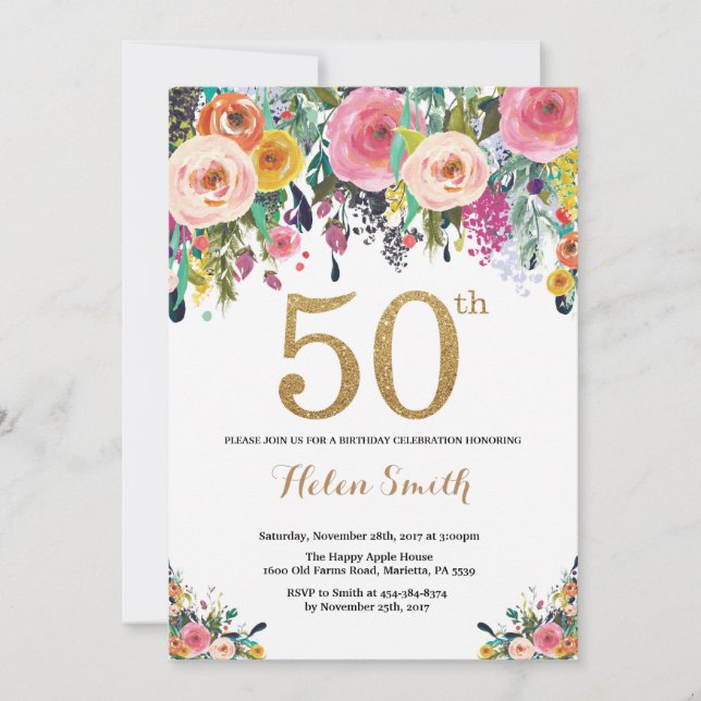 Floral 50th Birthday Invitation Gold Glitter (Front)