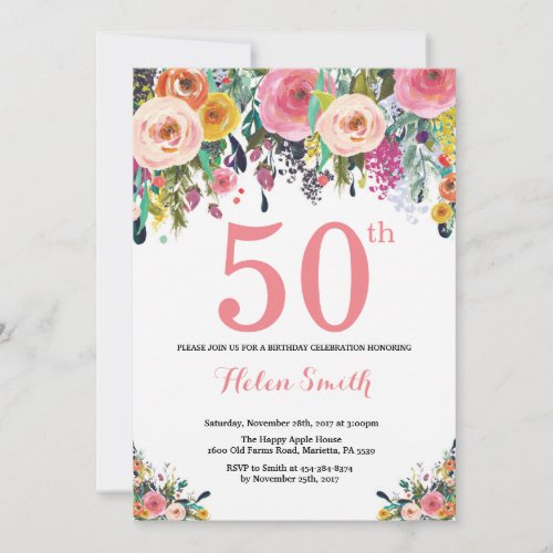 Floral 50th Birthday Invitation Pink