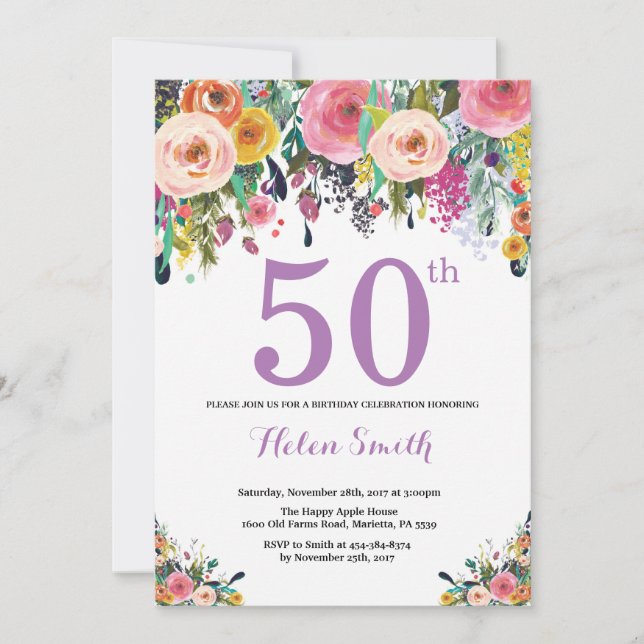 Floral 50th Birthday Invitation Purple (Front)