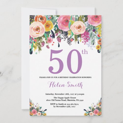 Floral 50th Birthday Invitation Purple