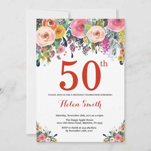 Floral 50th Birthday Invitation Red (Front)