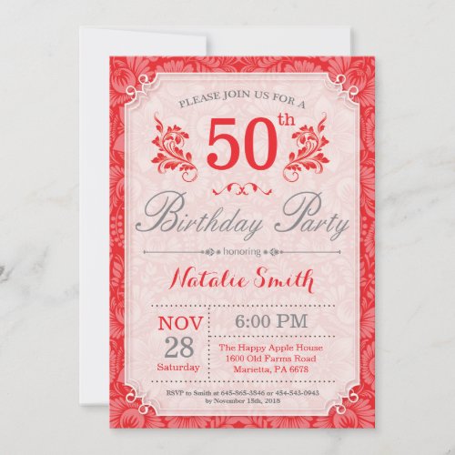 Floral 50th Birthday Invitation Red for Women