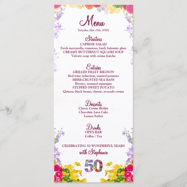 Floral 50th Birthday Menu Card elegant 50 years (Front)