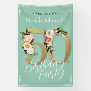 Floral 50th Birthday Mint Gold Vintage Glamorous Banner