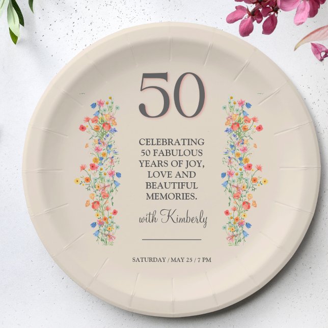 Floral 50th birthday paper plates 50 years flowers (Creator Uploaded)