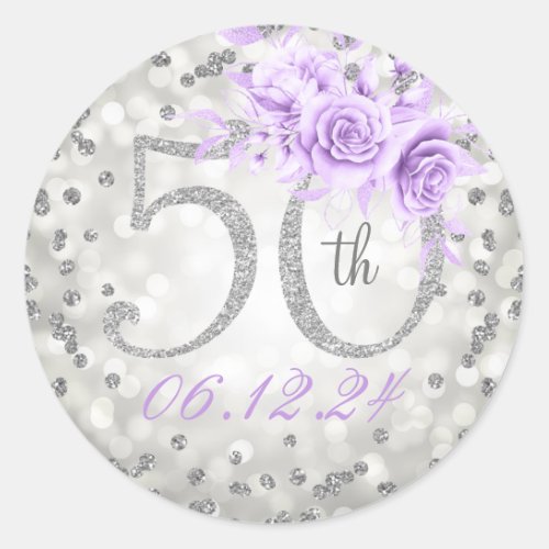 Floral 50th Birthday Party Lights Silver Purple  Classic Round Sticker