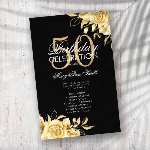 Floral 50th Birthday Program Gold  Black w Menu Flyer