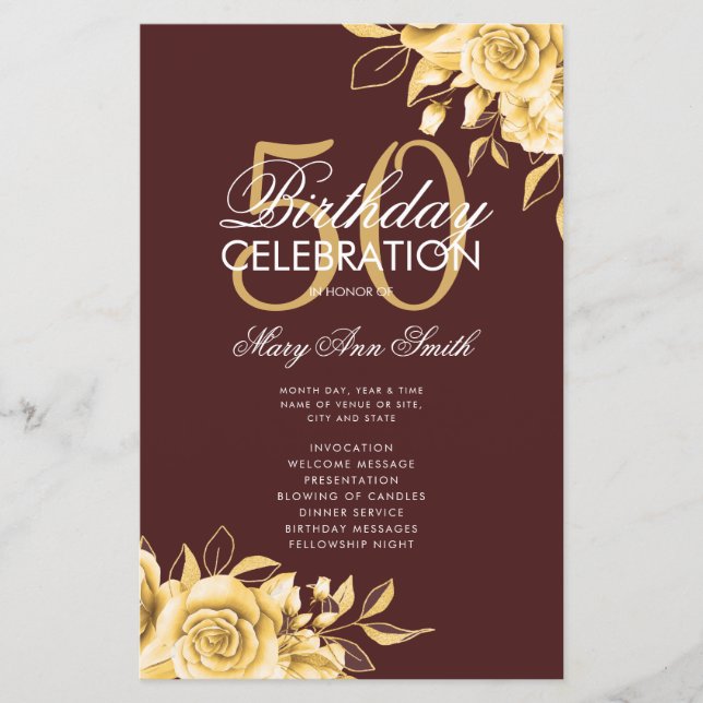 Floral 50th Birthday Program Gold & Burgundy Menu (Front)