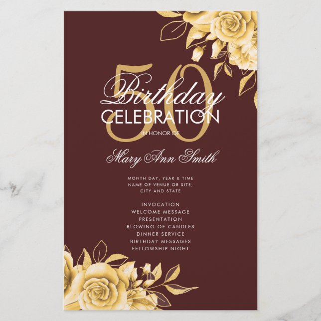Floral 50th Birthday Program Gold & Burgundy Menu Flyer (Front)