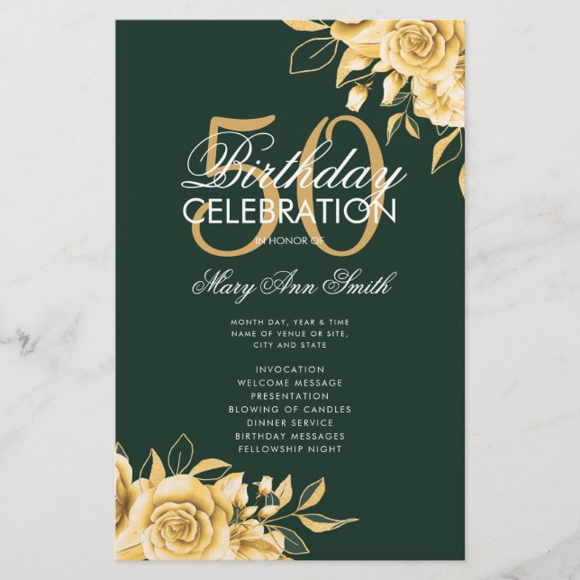 Floral 50th Birthday Program Gold & Emerald Menu Flyer (Front)