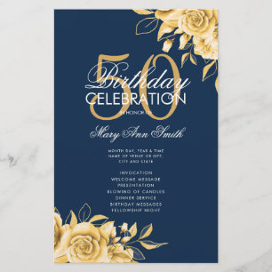 Floral 50th Birthday Program Gold & Navy w/ Menu Flyer