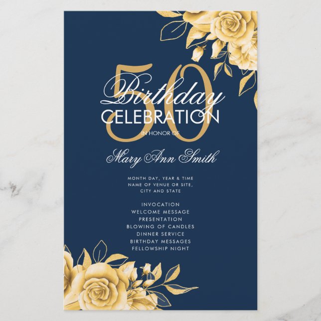 Floral 50th Birthday Program Gold & Navy w/ Menu Flyer (Front)