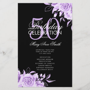 Floral 50th Birthday Program Purple Black w/ Menu Flyer