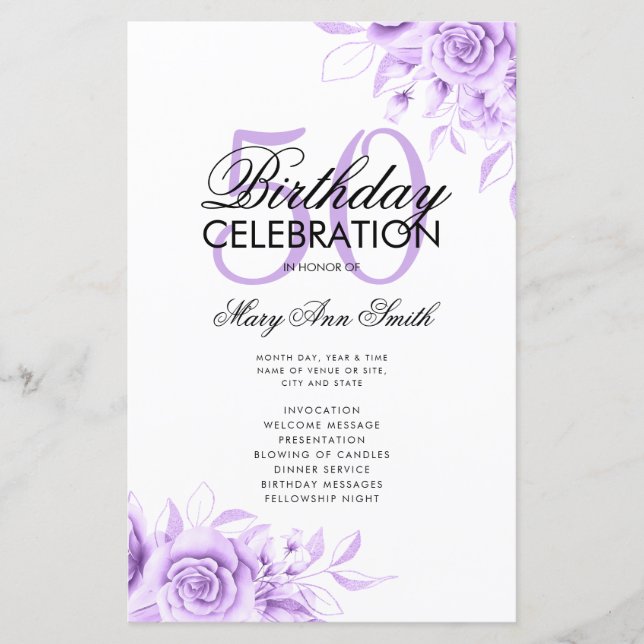 Floral 50th Birthday Program Purple w/ Menu (Front)