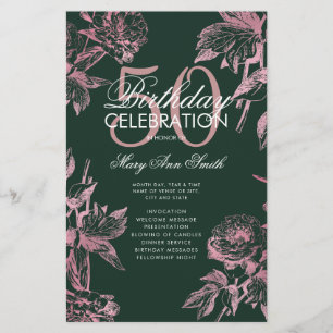 Floral 50th Birthday Program Rose Gold Green Menu Flyer