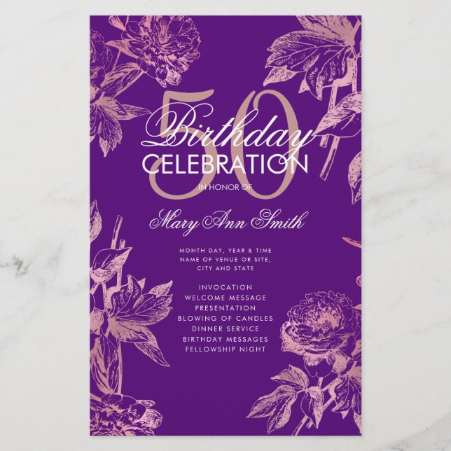 Floral 50th Birthday Program Rose Gold Purple Menu Flyer (Front)