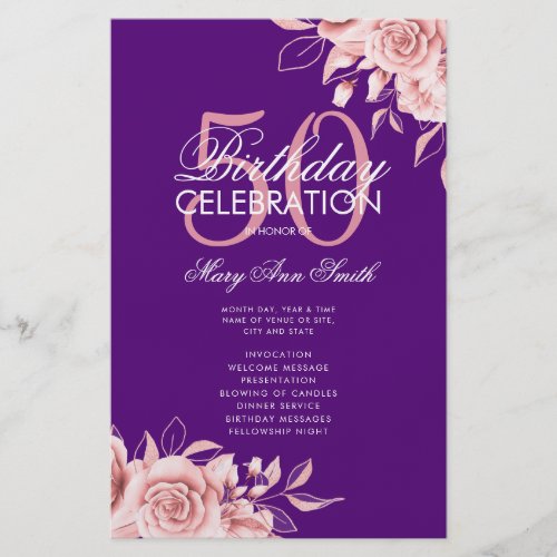 Floral 50th Birthday Program Rose Gold Purple Menu Flyer