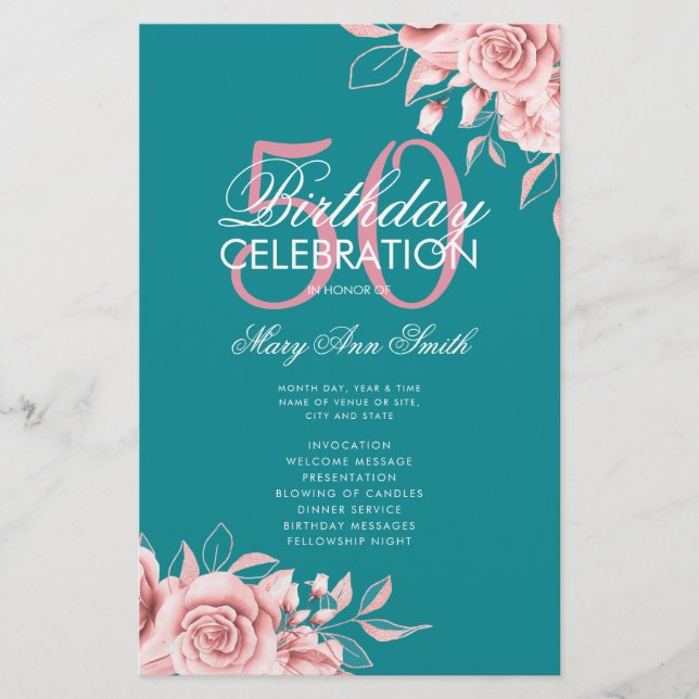 Floral 50th Birthday Program Rose Gold Teal Menu Flyer (Front)