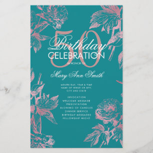 Floral 50th Birthday Program Rose Gold Teal Menu Flyer
