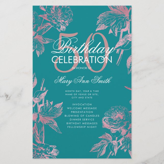 Floral 50th Birthday Program Rose Gold Teal Menu Flyer (Front)