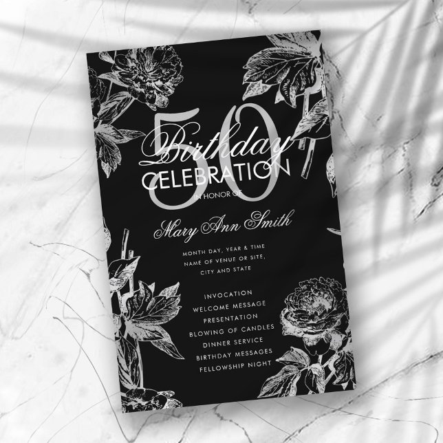 Floral 50th Birthday Program Silver Black Menu (Creator Uploaded)