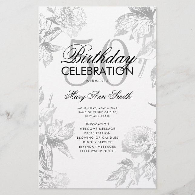 Floral 50th Birthday Program Silver Menu Flyer (Front)