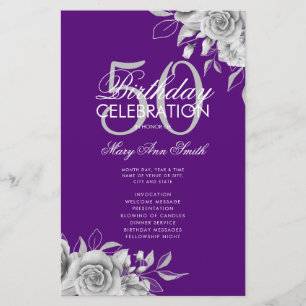 Floral 50th Birthday Program Silver Purple w/ Menu Flyer
