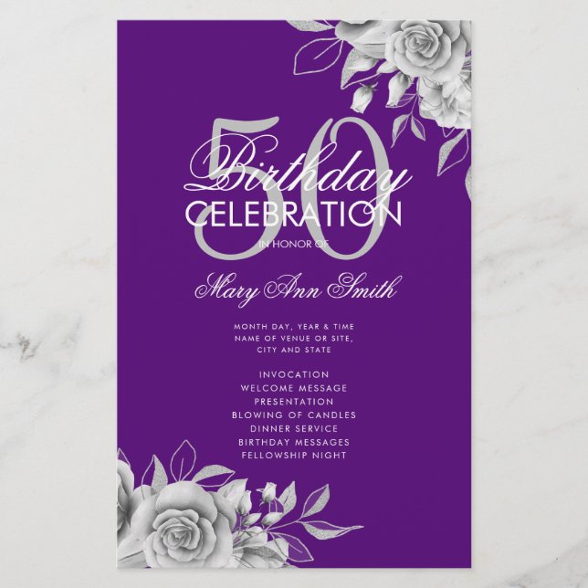 Floral 50th Birthday Program Silver Purple w/ Menu Flyer (Front)