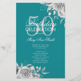 Floral 50th Birthday Program Silver Teal w/ Menu Flyer
